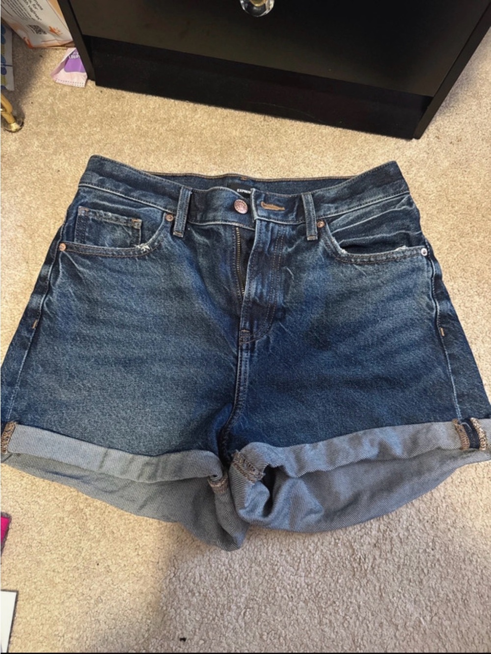 Express Dark Blue Rolled-Hem Denim Shorts